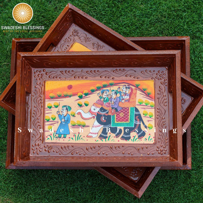 Premium HandPainted Wooden Serving Tray Set of 3 | Antique Diwali Decoration | Home Decor | Wedding, Housewarming Gift | Gift For Her Swadeshi Blessings