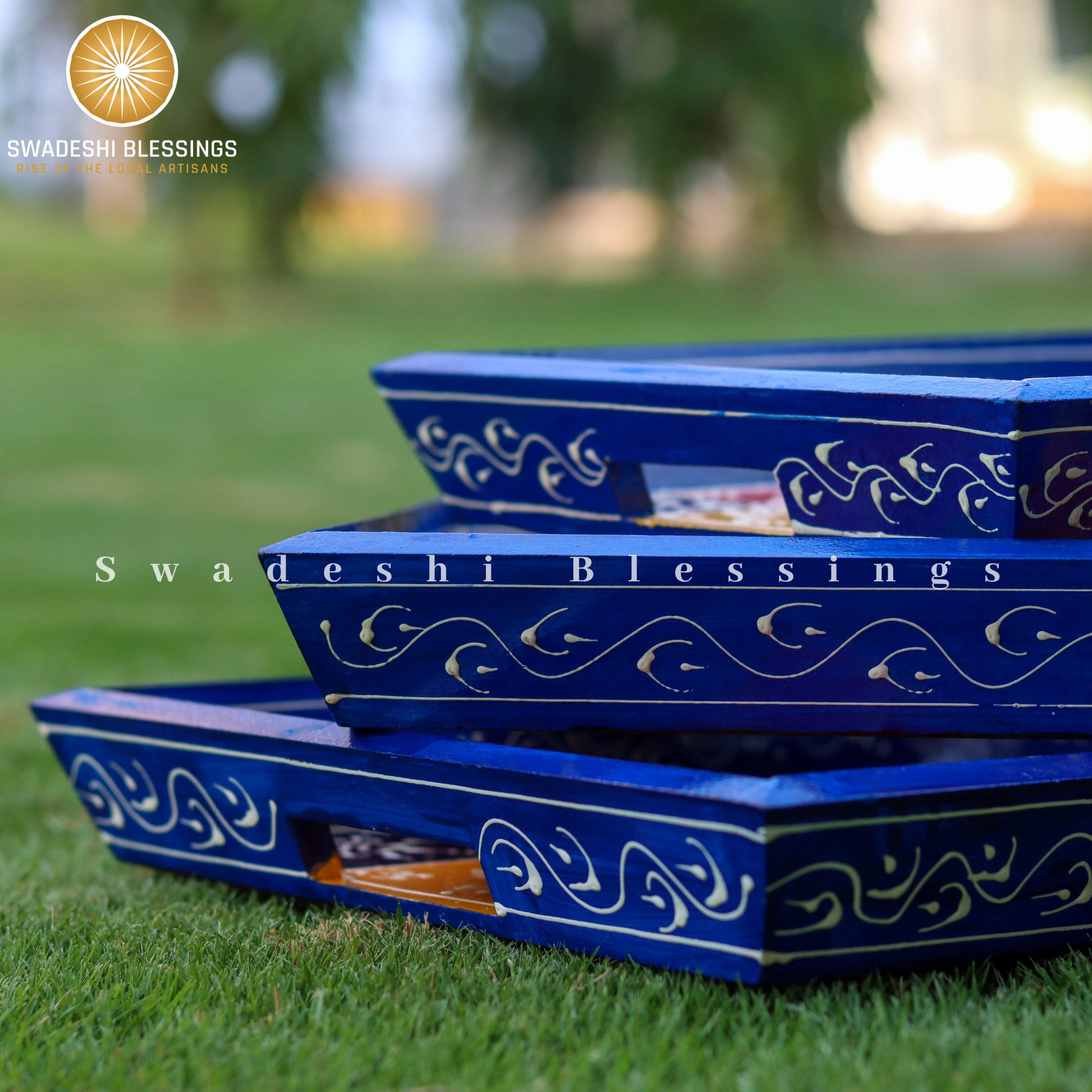 Premium HandPainted Wooden Serving Tray Set of 3 | Antique Diwali Decoration | Home Decor | Wedding, Housewarming Gift | Gift For Her Swadeshi Blessings