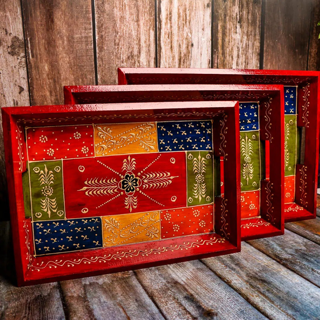 Premium HandPainted Wooden Serving Tray Set of 3 | Antique Diwali Decoration | Home Decor | Wedding, Housewarming Gift | Gift For Her Swadeshi Blessings