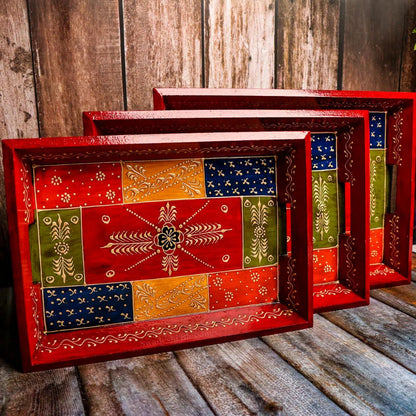 Premium HandPainted Wooden Serving Tray Set of 3 | Antique Diwali Decoration | Home Decor | Wedding, Housewarming Gift | Gift For Her Swadeshi Blessings