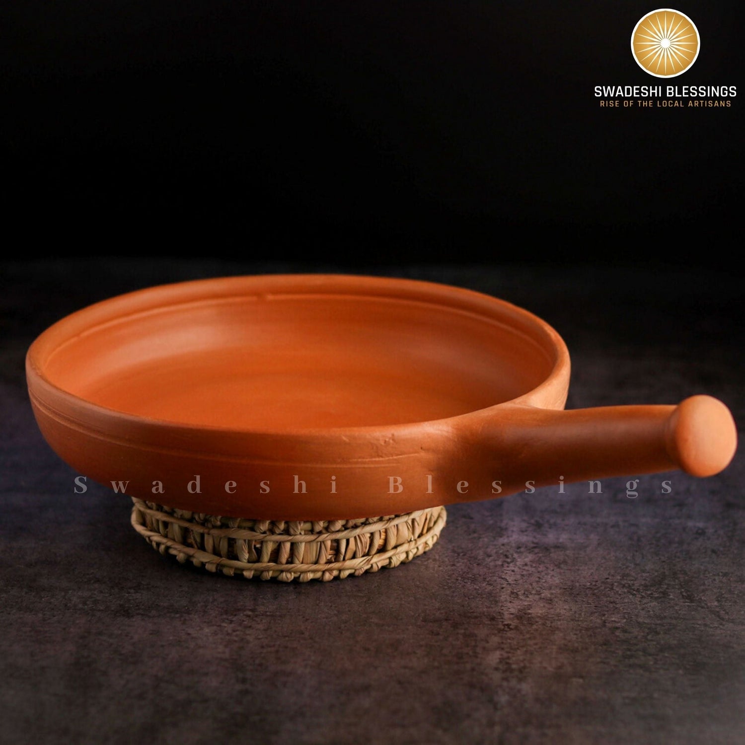 Premium Unglazed Clay Frying Pan/Earthen Wok/Clay Skillet, 10 Inches Swadeshi Blessings