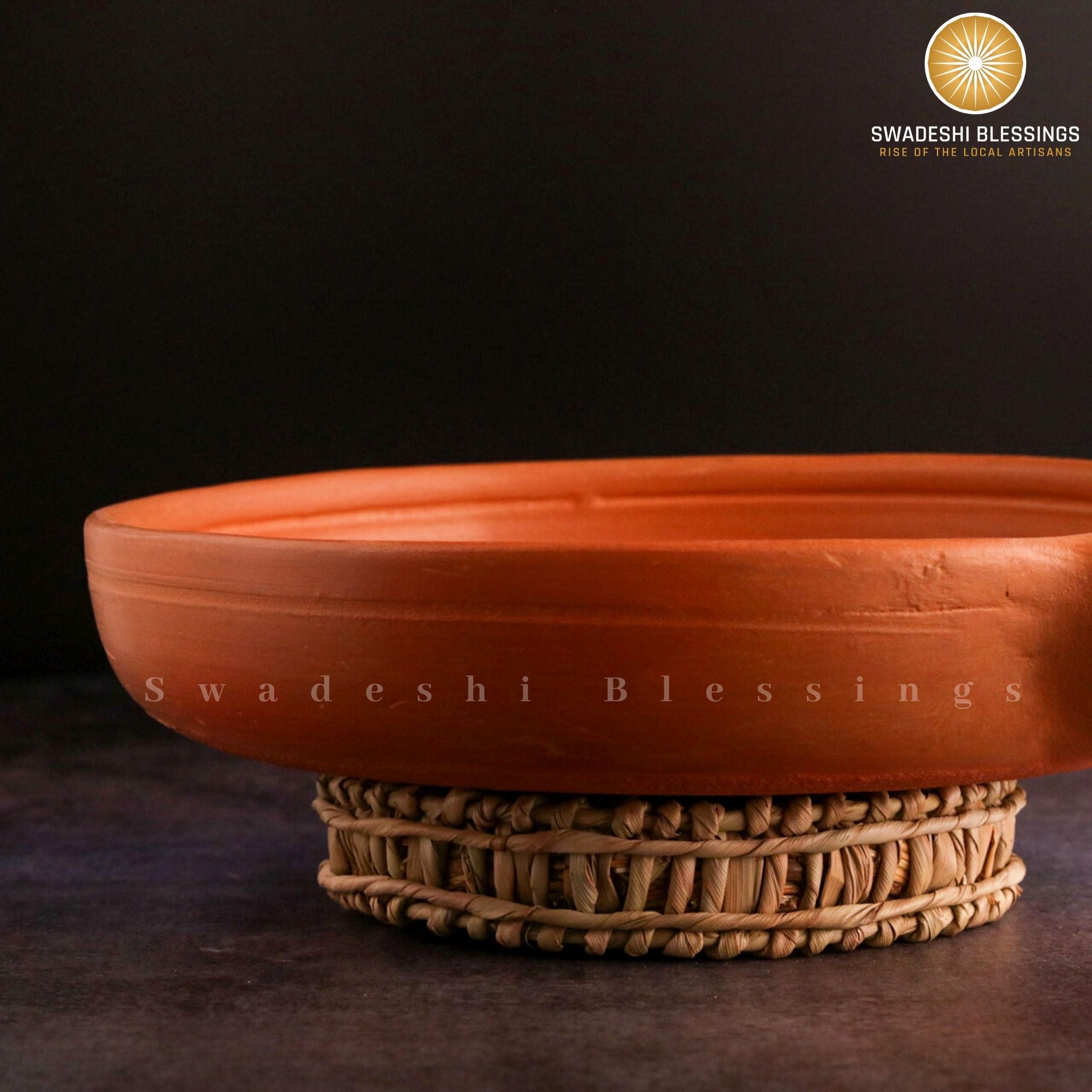 Premium Unglazed Clay Frying Pan/Earthen Wok/Clay Skillet, 10 Inches Swadeshi Blessings