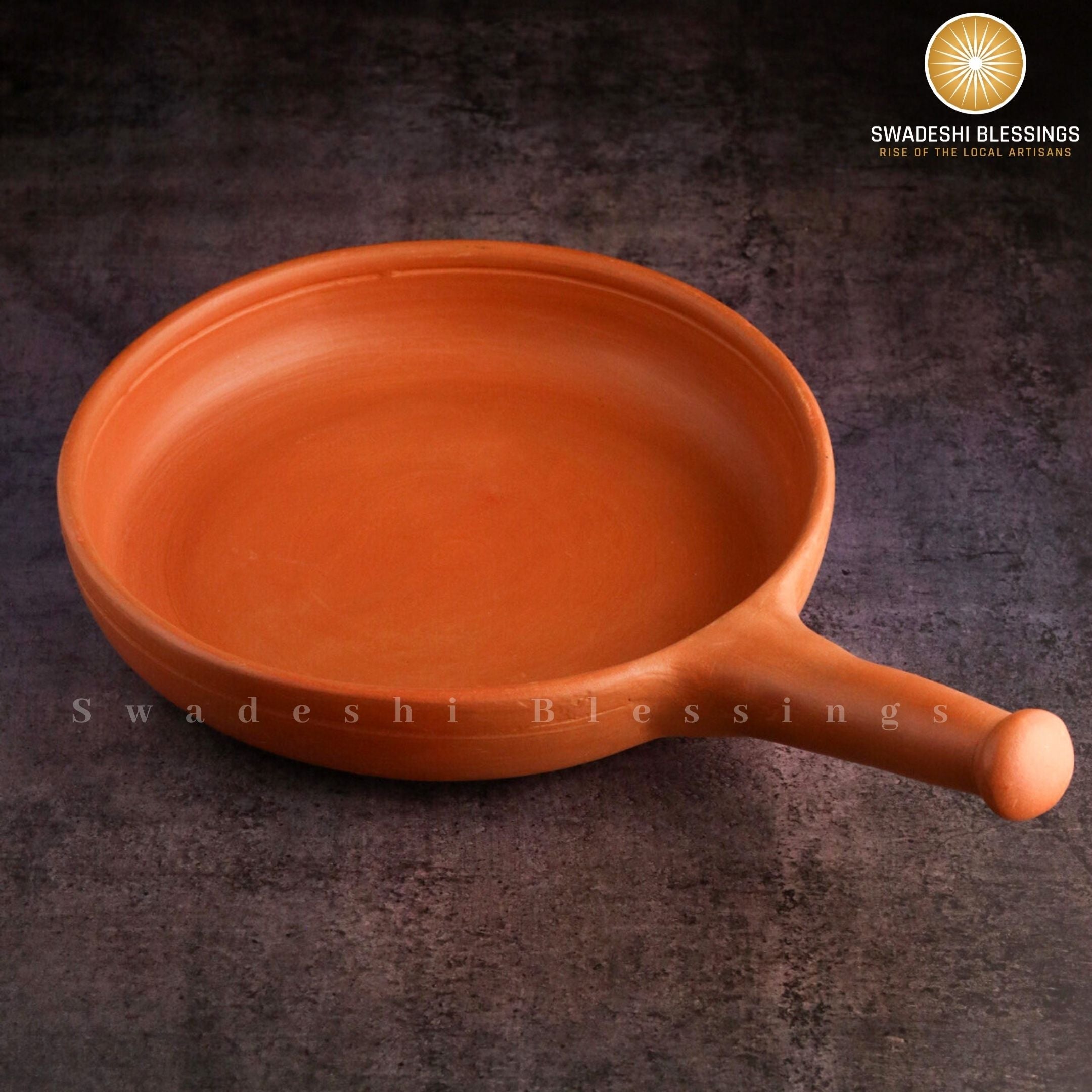 Premium Unglazed Clay Frying Pan/Earthen Wok/Clay Skillet, 10 Inches Swadeshi Blessings