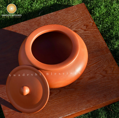 Premium Unglazed Clay Pot for Cooking | Clay Biryani Handi | Earthen Kadhai | Terracota Handi | Clay Biryani Handi for Cooking &amp; Serving with Lid, 3.5L, 4.5L &amp; 5.5L | Includes Free Palm Leaf Stand and Ash for Cleaning Swadeshi Blessings