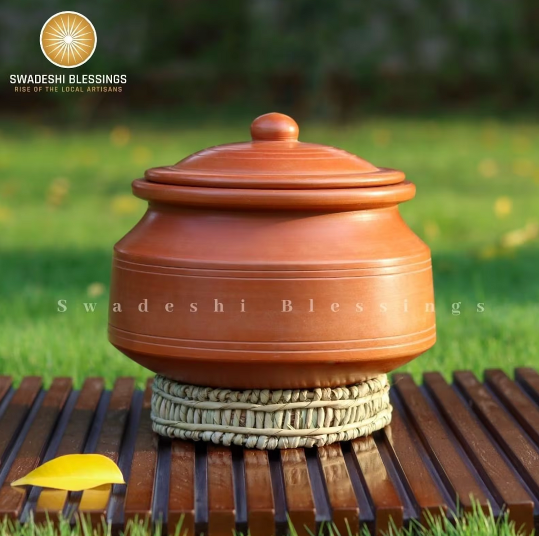 Premium Unglazed Clay Pot for Cooking | Clay Handi | Earthen Handi | Terracota Biryani Handi | Clay Biryani Handi for Cooking &amp; Serving with Lid, 3L, 4L &amp; 5L | Includes Free Palm Leaf Stand and Ash for Cleaning Swadeshi Blessings