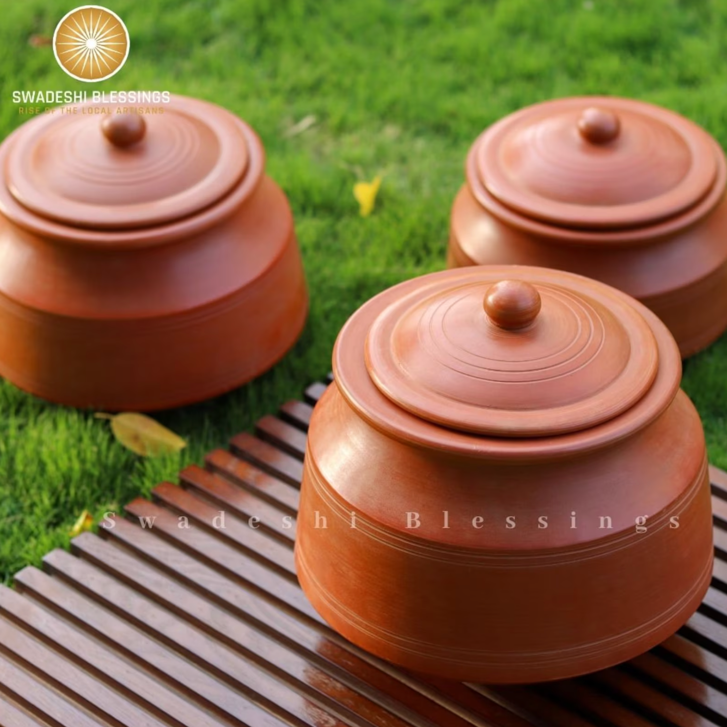 Premium Unglazed Clay Pot for Cooking | Clay Handi | Earthen Handi | Terracota Biryani Handi | Clay Biryani Handi for Cooking &amp; Serving with Lid, 3L, 4L &amp; 5L | Includes Free Palm Leaf Stand and Ash for Cleaning Swadeshi Blessings