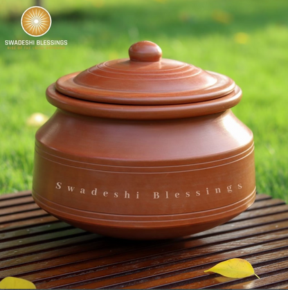 Premium Unglazed Clay Pot for Cooking | Clay Handi | Earthen Handi | Terracota Biryani Handi | Clay Biryani Handi for Cooking &amp; Serving with Lid, 3L, 4L &amp; 5L | Includes Free Palm Leaf Stand and Ash for Cleaning Swadeshi Blessings