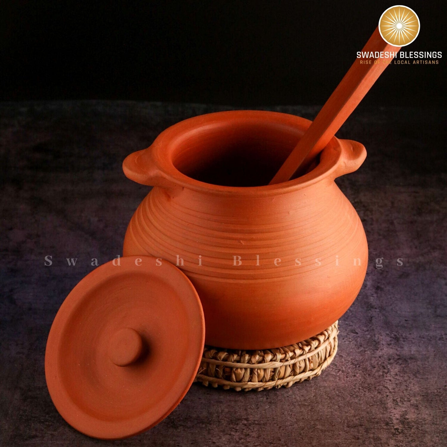 Premium Unglazed Clay Pot for Cooking | Earthen Kadhai | Deep Terracota Kadhai | Clay Handi for Serving with Lid 2 & 3 Liters | Includes Free Palm Leaf Stand and Ash for Cleaning Swadeshi Blessings