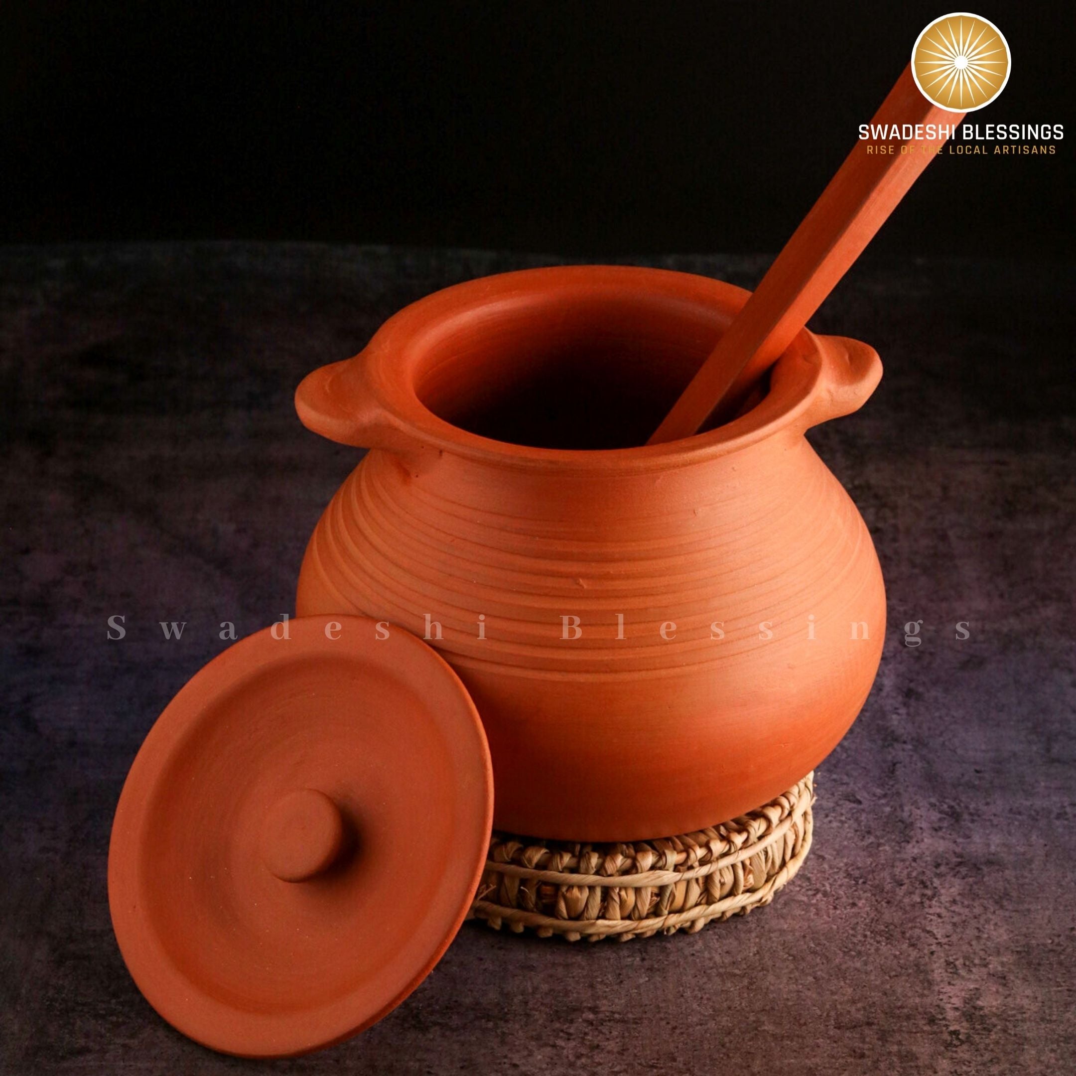 Premium Unglazed Clay Pot for Cooking | Earthen Kadhai | Deep Terracota Kadhai | Clay Handi for Serving with Lid 2 &amp; 3 Liters | Includes Free Palm Leaf Stand and Ash for Cleaning Swadeshi Blessings