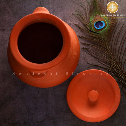 Premium Unglazed Clay Pot for Cooking | Earthen Kadhai | Deep Terracota Kadhai | Clay Handi for Serving with Lid 2 &amp; 3 Liters | Includes Free Palm Leaf Stand and Ash for Cleaning Swadeshi Blessings