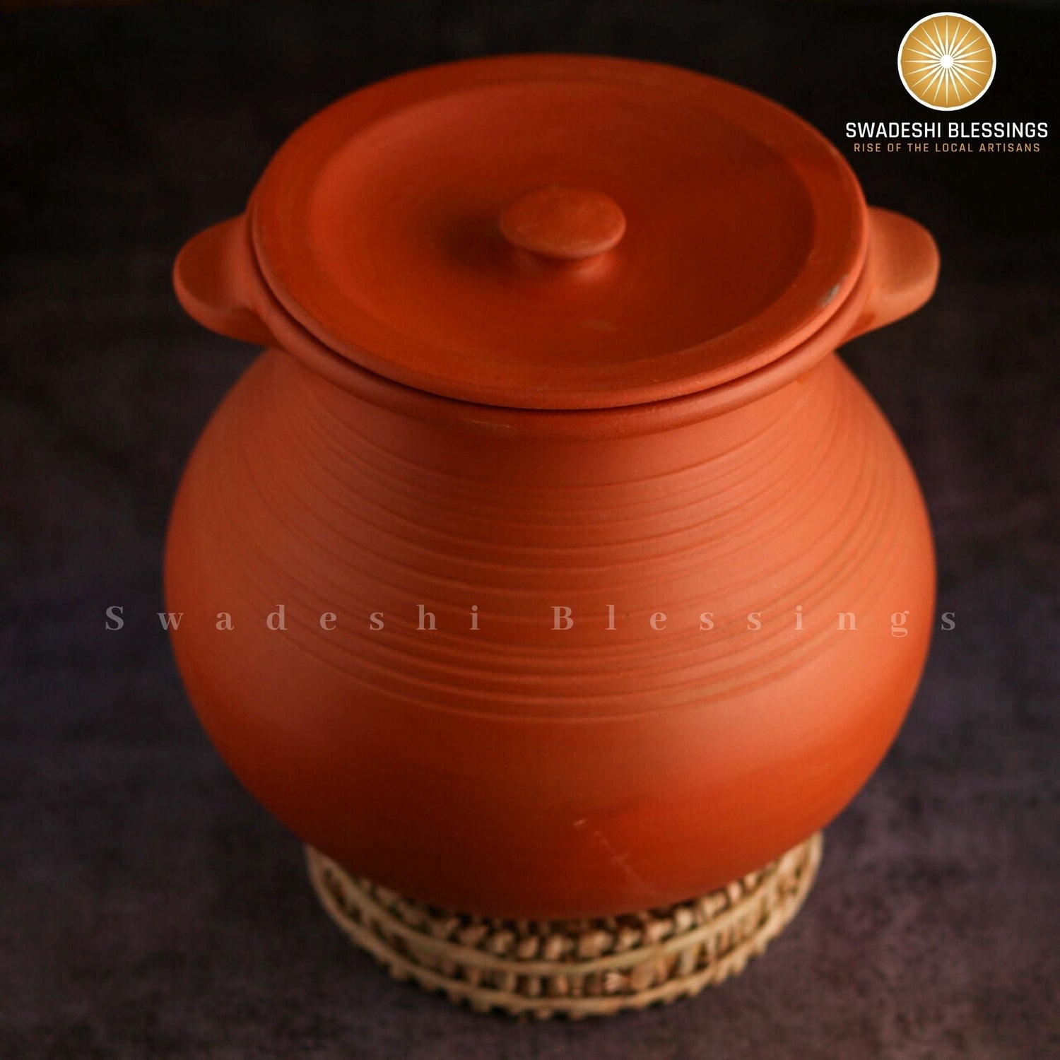 Premium Unglazed Clay Pot for Cooking | Earthen Kadhai | Deep Terracota Kadhai | Clay Handi for Serving with Lid 2 &amp; 3 Liters | Includes Free Palm Leaf Stand and Ash for Cleaning Swadeshi Blessings