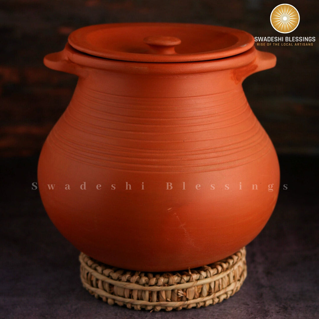 Premium Unglazed Clay Pot for Cooking | Earthen Kadhai | Deep Terracota Kadhai | Clay Handi for Serving with Lid 2 &amp; 3 Liters | Includes Free Palm Leaf Stand and Ash for Cleaning Swadeshi Blessings