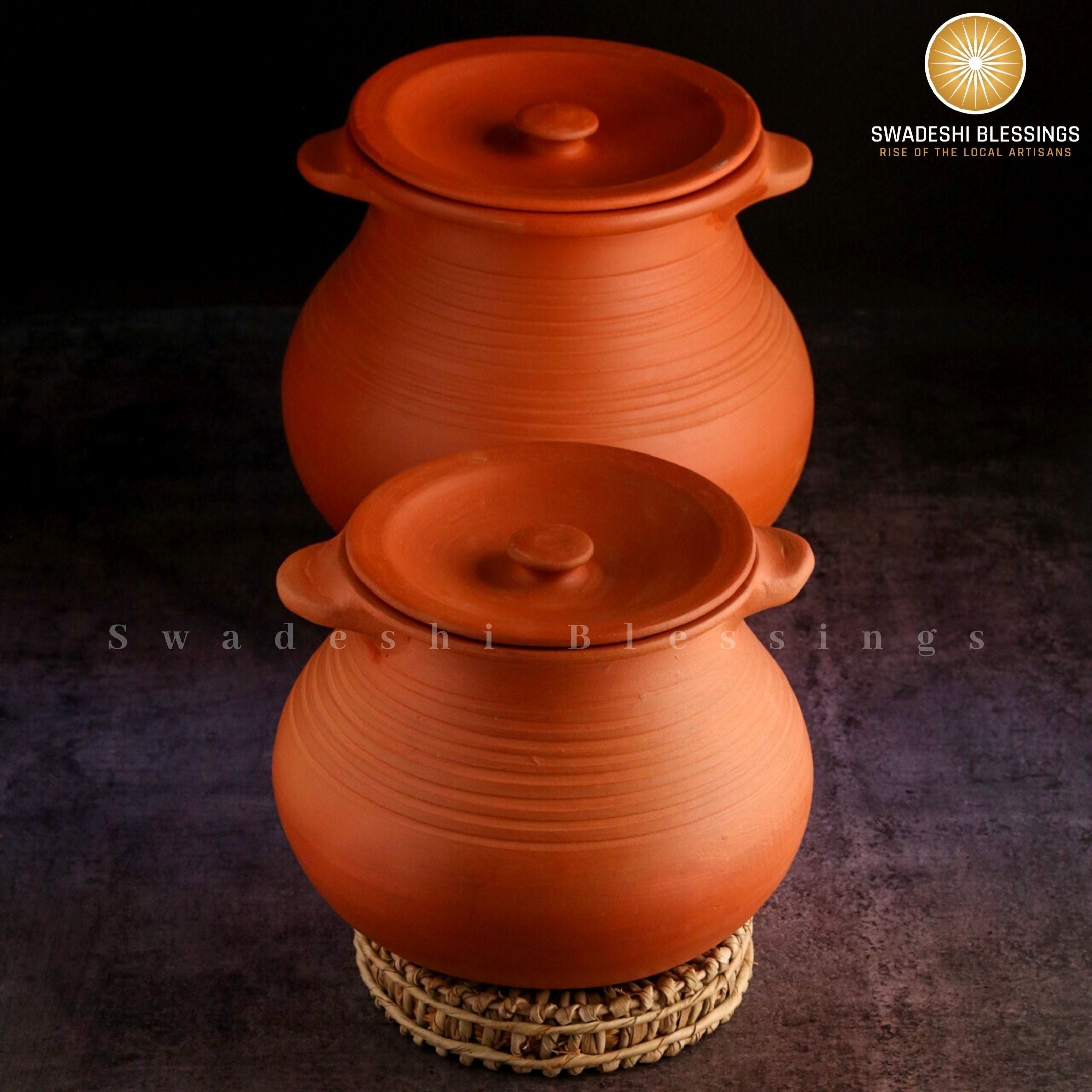 Premium Unglazed Clay Pot for Cooking | Earthen Kadhai | Deep Terracota Kadhai | Clay Handi for Serving with Lid 2 &amp; 3 Liters | Includes Free Palm Leaf Stand and Ash for Cleaning Swadeshi Blessings