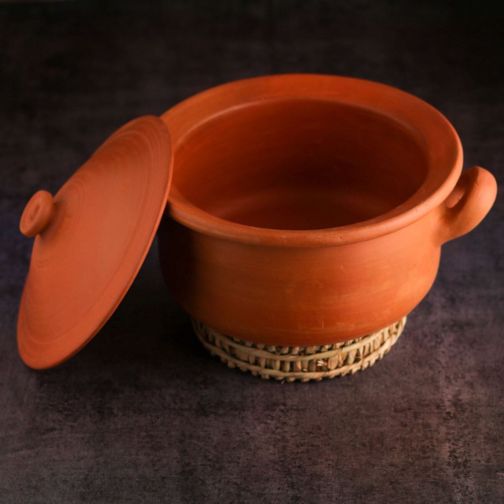 Premium Unglazed Clay Pot for Cooking | Earthen Kadhai | Flat Terracota Kadhai | Clay Handi for Serving with Lid, 2.5L | Includes Free Palm Leaf Stand and Ash for Cleaning Swadeshi Blessings