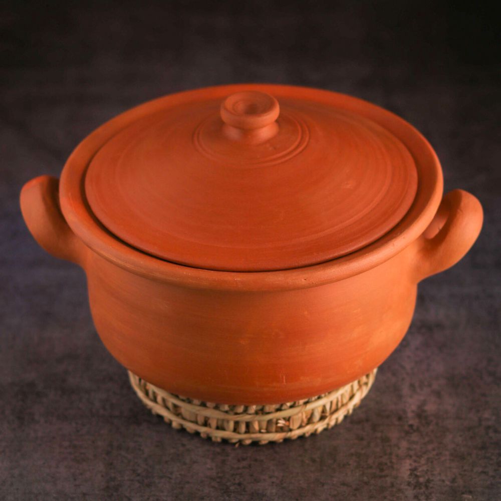 Premium Unglazed Clay Pot for Cooking | Earthen Kadhai | Flat Terracota Kadhai | Clay Handi for Serving with Lid, 2.5L | Includes Free Palm Leaf Stand and Ash for Cleaning Swadeshi Blessings