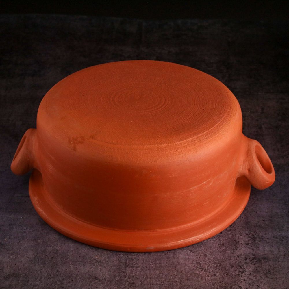 Premium Unglazed Clay Pot for Cooking | Earthen Kadhai | Flat Terracota Kadhai | Clay Handi for Serving with Lid, 2.5L | Includes Free Palm Leaf Stand and Ash for Cleaning Swadeshi Blessings