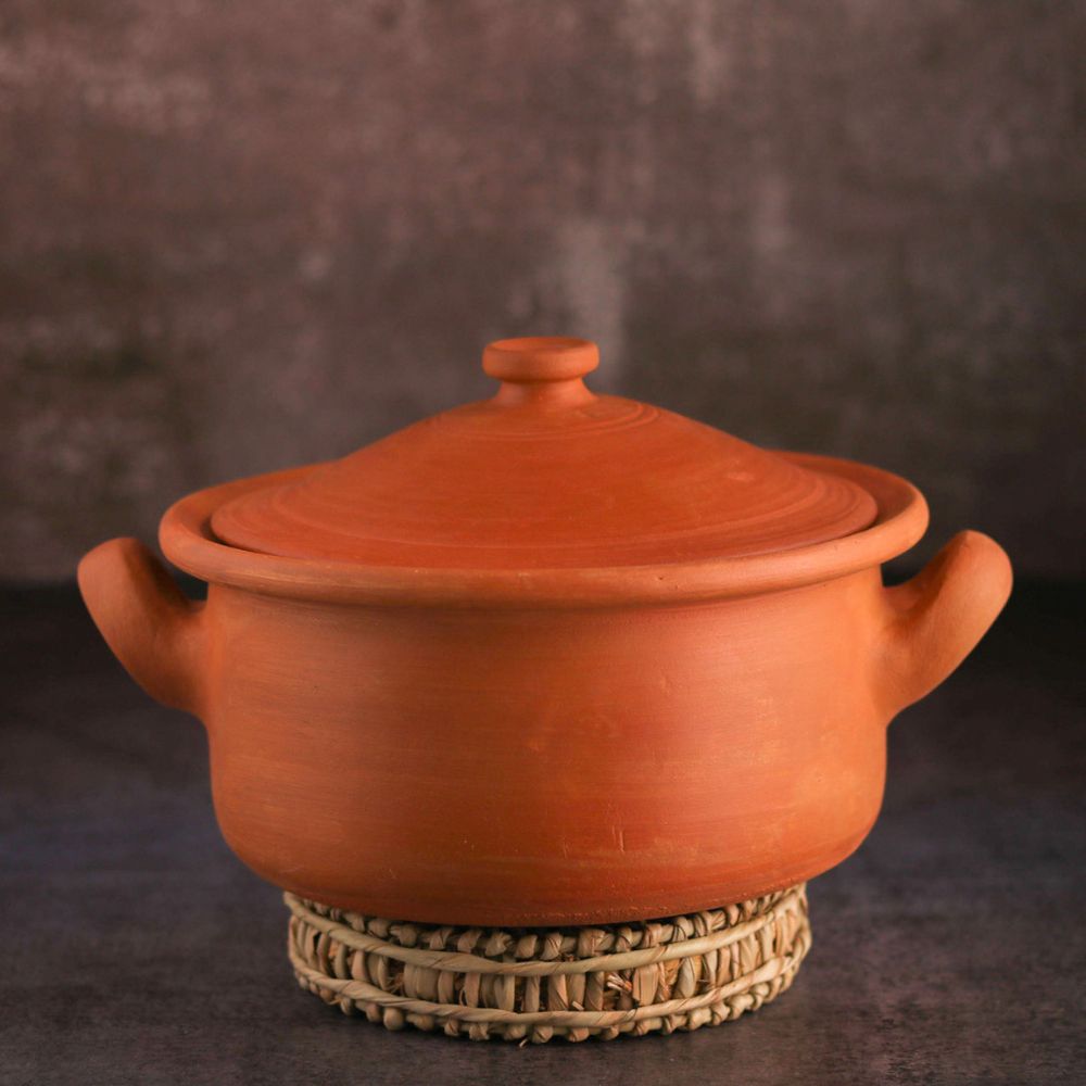 Premium Unglazed Clay Pot for Cooking | Earthen Kadhai | Flat Terracota Kadhai | Clay Handi for Serving with Lid, 2.5L | Includes Free Palm Leaf Stand and Ash for Cleaning Swadeshi Blessings