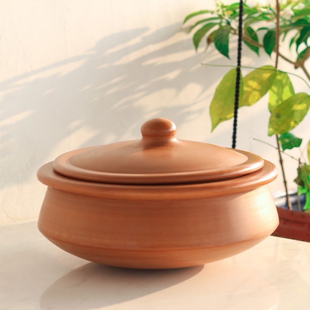 Premium Unglazed Clay Pot for Cooking | Earthen Kadhai | Kerela Handi | Clay Handi for Serving with Lid, 2.8L | Includes Free Palm Leaf Stand and Ash for Cleaning Swadeshi Blessings