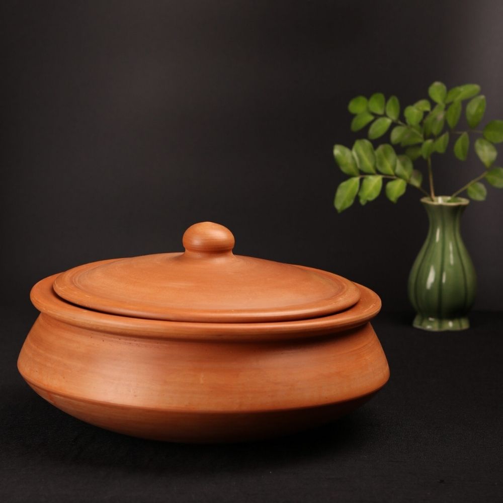 Premium Unglazed Clay Pot for Cooking | Earthen Kadhai | Kerela Handi | Clay Handi for Serving with Lid, 2.8L | Includes Free Palm Leaf Stand and Ash for Cleaning Swadeshi Blessings