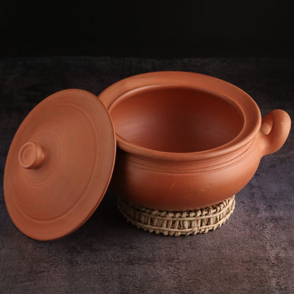 Premium Unglazed Clay Pot for Cooking | Earthen Kadhai | Round Terracota Kadhai | Clay Handi for Serving with Lid, 2.5L | Includes Free Palm Leaf Stand and Ash for Cleaning Swadeshi Blessings