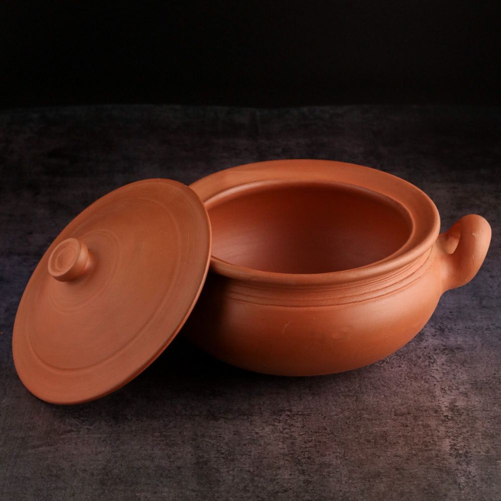 Premium Unglazed Clay Pot for Cooking | Earthen Kadhai | Round Terracota Kadhai | Clay Handi for Serving with Lid, 2.5L | Includes Free Palm Leaf Stand and Ash for Cleaning Swadeshi Blessings