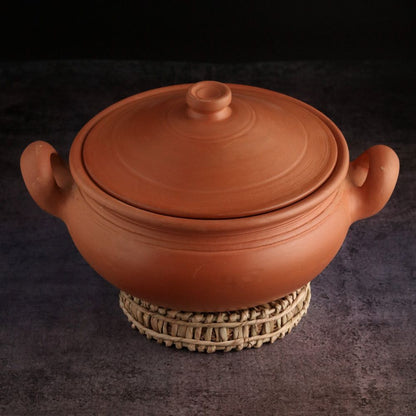 Premium Unglazed Clay Pot for Cooking | Earthen Kadhai | Round Terracota Kadhai | Clay Handi for Serving with Lid, 2.5L | Includes Free Palm Leaf Stand and Ash for Cleaning Swadeshi Blessings