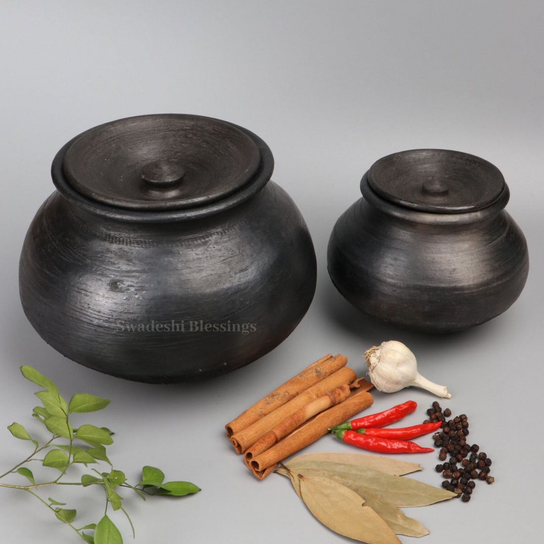 Premium Unglazed Clay Pot for Cooking | Earthen Kadhai | Terracota Black Handi | Clay Handi for Serving with Lid, 1.5L Black | Includes Free Palm Leaf Stand and Ash for Cleaning Swadeshi Blessings