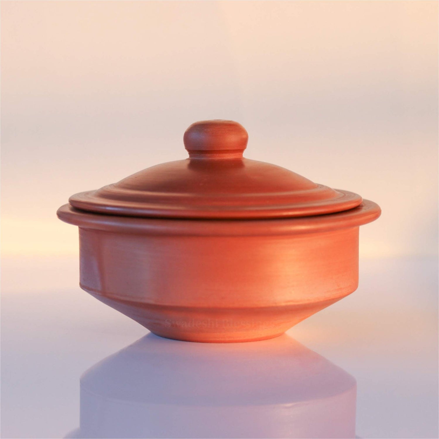 Premium Unglazed Clay Pot for Cooking | Earthen Kadhai | Terracota Regular Dahi Handi | Clay Handi for Serving with Lid, 1.3L | Includes Free Palm Leaf Stand and Ash for Cleaning Swadeshi Blessings