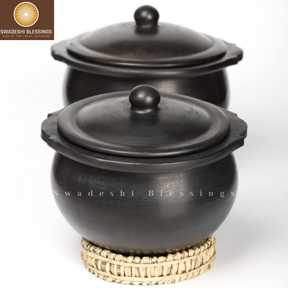 Premium Unglazed Clay Pot for Serving | Clay Hot Case | Earthen Hot Case | Terracota Kadhai | Clay Hot Case for Serving, 1.8L &amp; 2.8L, Black Swadeshi Blessings