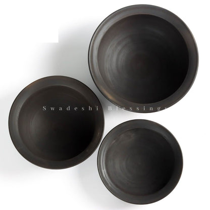 Premium Unglazed Clay Pots for Cooking | Black Earthen Kadhai | Terracota Kadhai | Clay Handi for Serving, Set of three 1, 2 &amp; 3 Liters Swadeshi Blessings