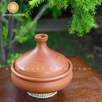 Premium Unglazed Clay Tagine Pot for Cooking | Lead-Free Earthen Tagine | Clay Tagine Cookware for Baking, 2.8L | Includes Free Palm Leaf Stand and Ash for Cleaning Swadeshi Blessings