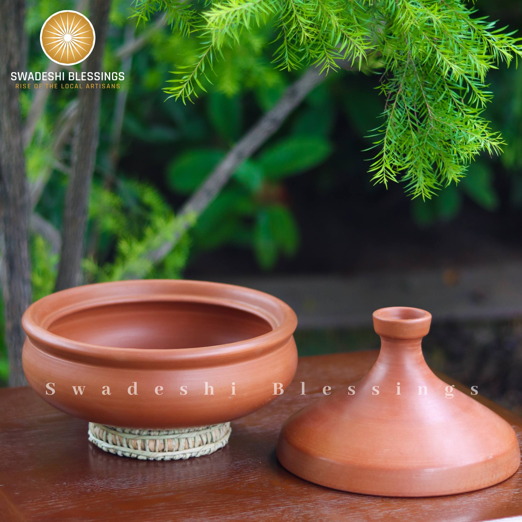 Premium Unglazed Clay Tagine Pot for Cooking | Lead-Free Earthen Tagine | Clay Tagine Cookware for Baking, 2.8L | Includes Free Palm Leaf Stand and Ash for Cleaning Swadeshi Blessings