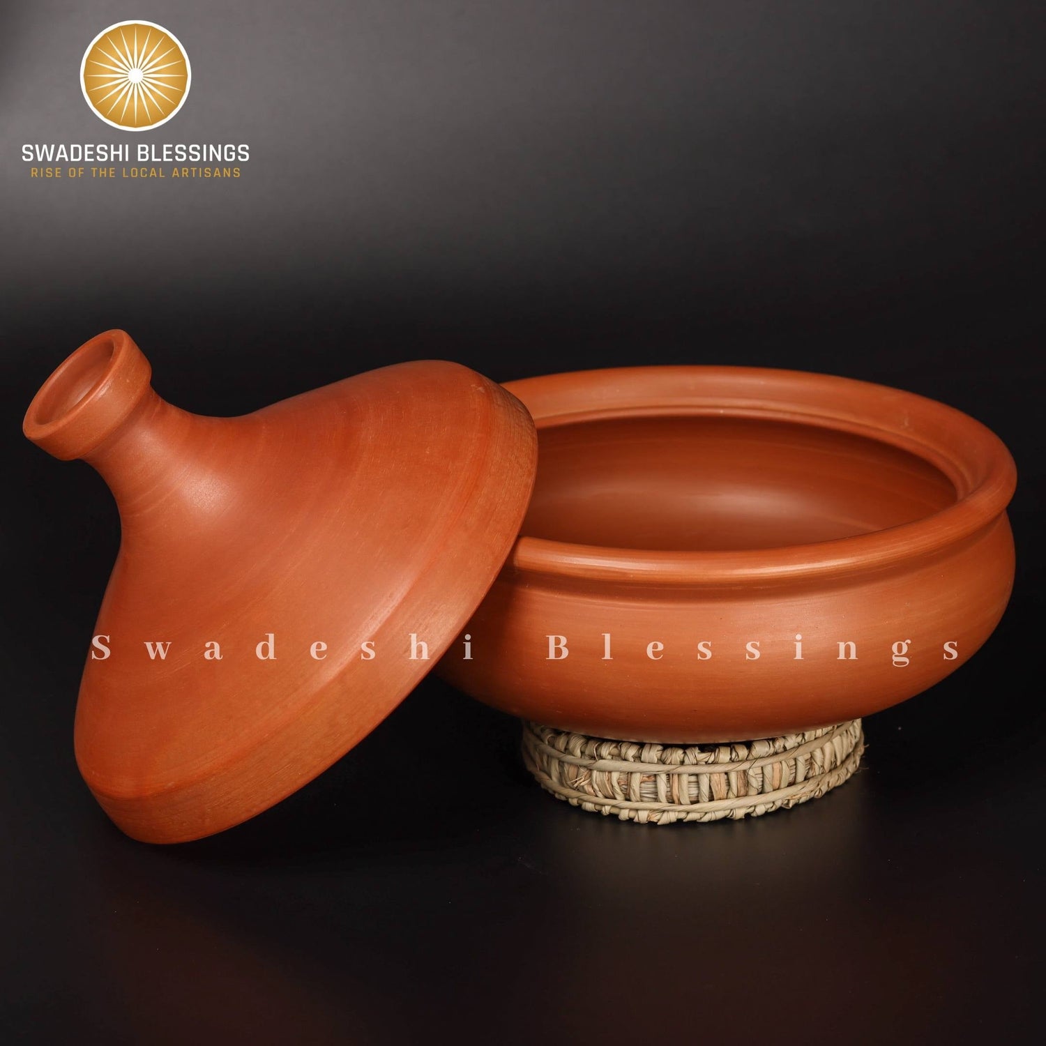 Premium Unglazed Clay Tagine Pot for Cooking | Lead-Free Earthen Tagine | Clay Tagine Cookware for Baking, 2.8L | Includes Free Palm Leaf Stand and Ash for Cleaning Swadeshi Blessings