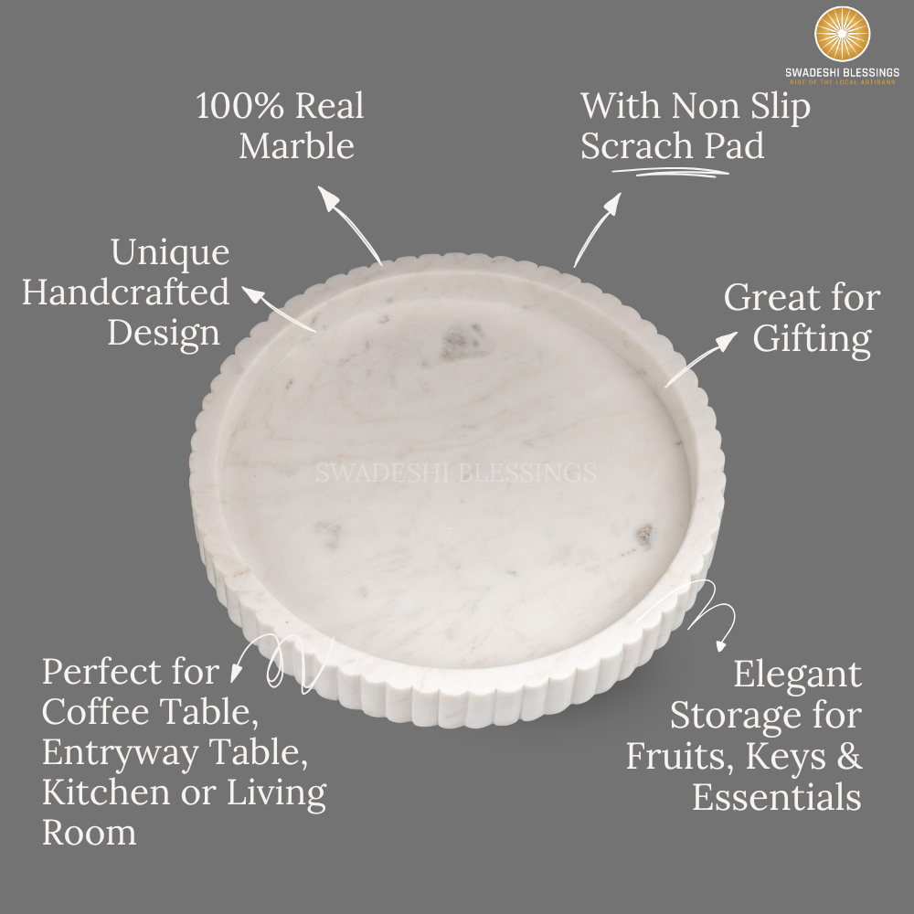 Handcrafted Marble Decorative Tray for Coffee Table Decor, Round Trays Home Decor, Ottoman Tray for Living Room, Coffee Table Tray, Dining Table Centerpiece Decor, Farmhouse Decor, 11&