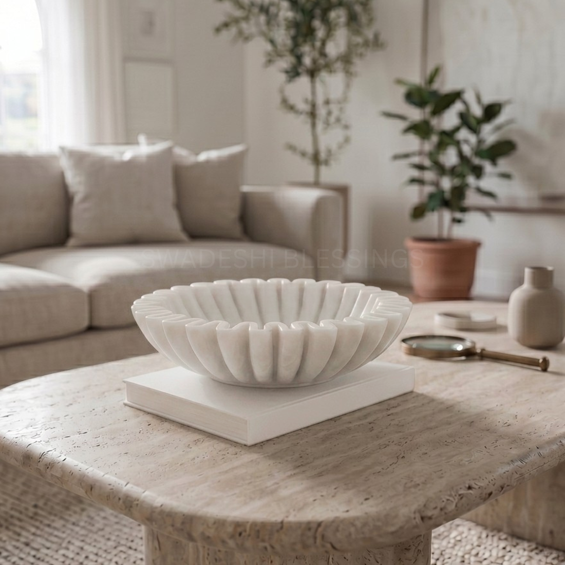 Premium Handcrafted Marble Ruffle Bowl | Antique Scalloped Bowl | Fluted Bowl | Marble Large Decorative Bowl | White Decorative Bowls for Home Decor | Key Bowl | Fruit Bowl | Ring Dish | Organic Modern Home Decor Bowl | 6-18 Inches