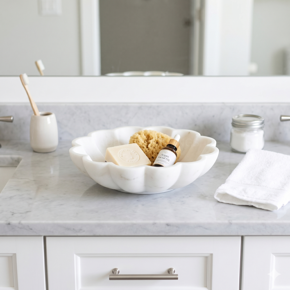 HandCrafted Marble Large Decorative Bowl | White Decorative Bowls for Home Decor | Ruffle Bowl | Scalloped Bowl | Fluted Bowl | Key/Fruit Bowl | Ring Dish | Organic Modern Home Decor Bowl | 6-12 Inches