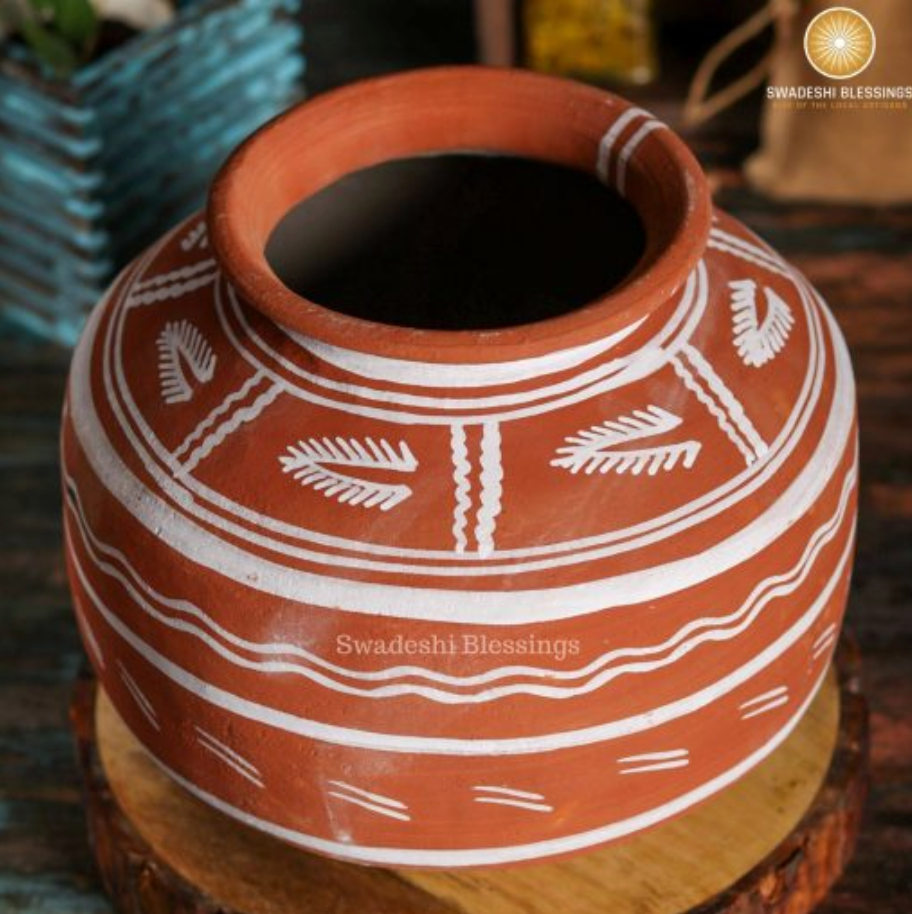 Swadeshi Blessings HandMade Clay Water Pot / 100 % Eco-Friendly Earthen Water Pot/Indian Traditional Matka / Terracotta Water Jug/Water Dispenser/Clay Tumbler