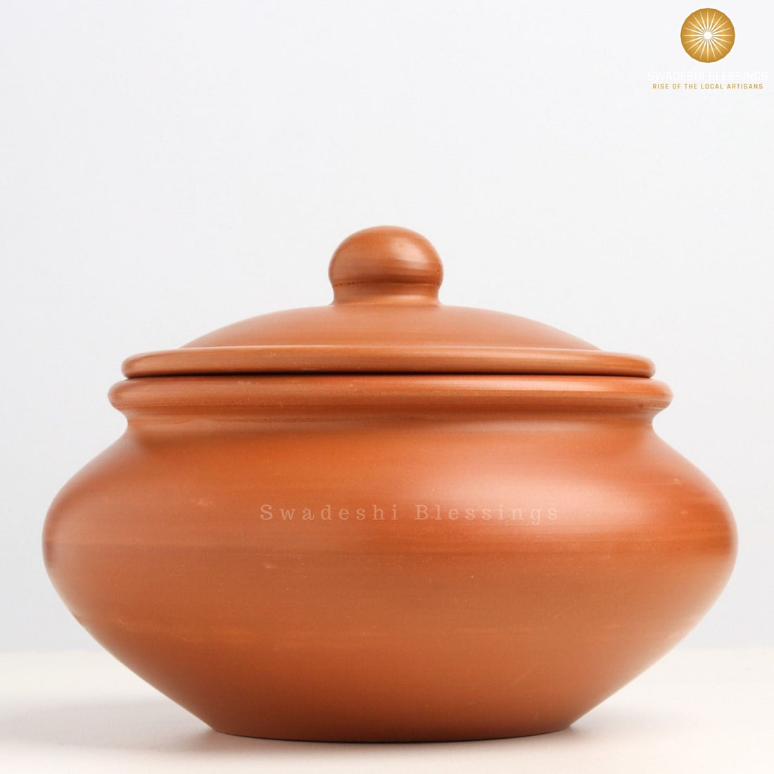 Premium Unglazed Clay Pot for Cooking | Earthen Kadhai | Terracota Traditional Dahi Handi | Clay Handi for Serving with Lid, 1.5L | Includes Free Palm Leaf Stand and Ash for Cleaning Swadeshi Blessings