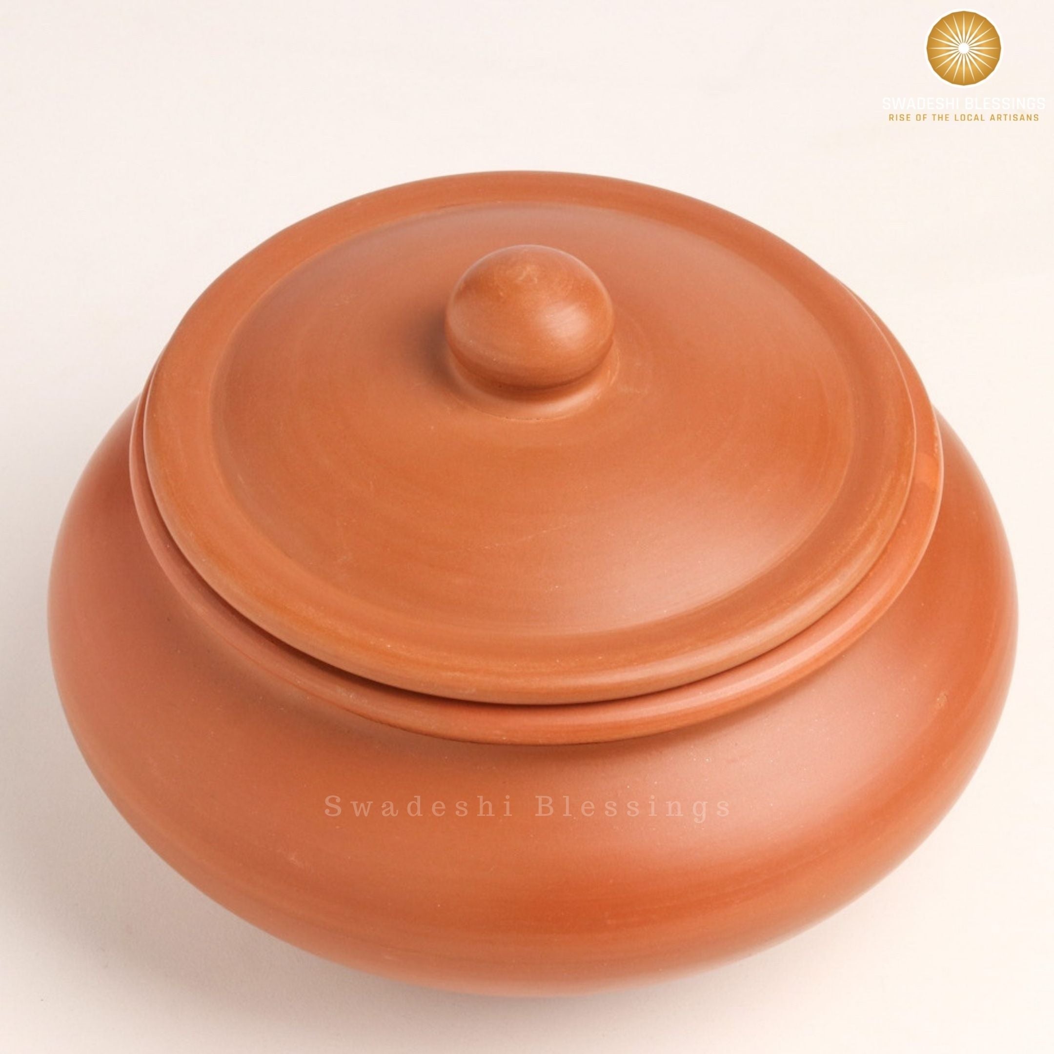 Premium Unglazed Clay Pot for Cooking | Earthen Kadhai | Terracota Traditional Dahi Handi | Clay Handi for Serving with Lid, 1.5L | Includes Free Palm Leaf Stand and Ash for Cleaning Swadeshi Blessings