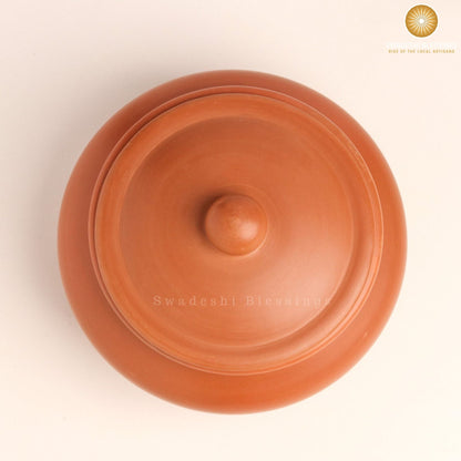 Premium Unglazed Clay Pot for Cooking | Earthen Kadhai | Terracota Traditional Dahi Handi | Clay Handi for Serving with Lid, 1.5L | Includes Free Palm Leaf Stand and Ash for Cleaning Swadeshi Blessings