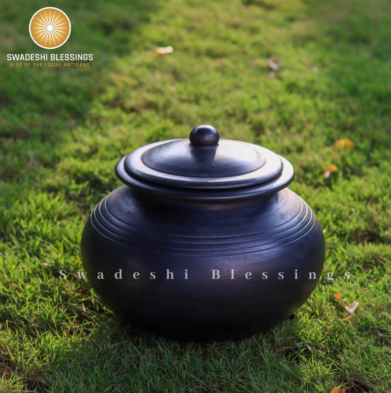 Unglazed Clay Pot for Cooking | Black Clay Biryani Handi | Earthen Kadhai | Terracota Handi | Clay Biryani Handi for Cooking &amp; Serving with Lid, 3L, Black | Includes Free Palm Leaf Stand and Ash for Cleaning Swadeshi Blessings