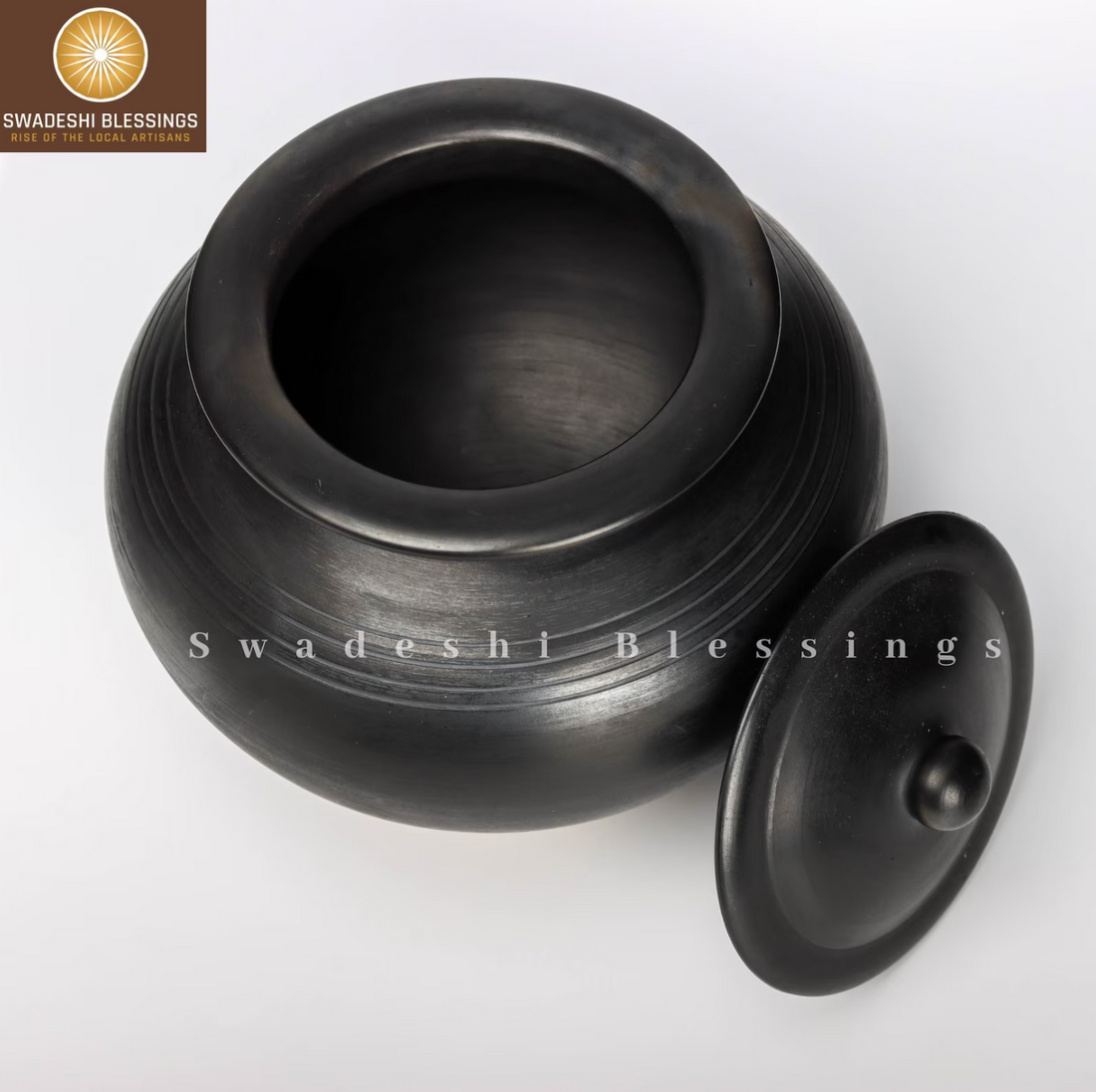 Unglazed Clay Pot for Cooking | Black Clay Biryani Handi | Earthen Kadhai | Terracota Handi | Clay Biryani Handi for Cooking &amp; Serving with Lid, 3L, Black | Includes Free Palm Leaf Stand and Ash for Cleaning Swadeshi Blessings