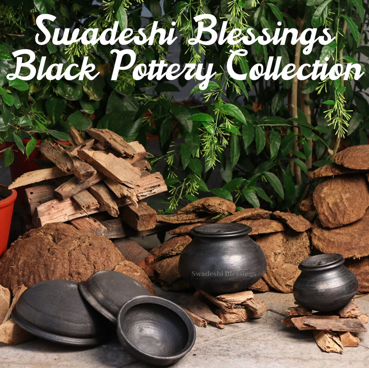 Unglazed Clay Pot for Cooking | Black Clay Biryani Handi | Earthen Kadhai | Terracota Handi | Clay Biryani Handi for Cooking &amp; Serving with Lid, 3L, Black | Includes Free Palm Leaf Stand and Ash for Cleaning Swadeshi Blessings