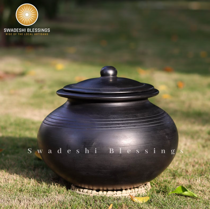 Unglazed Clay Pot for Cooking | Black Clay Biryani Handi | Earthen Kadhai | Terracota Handi | Clay Biryani Handi for Cooking &amp; Serving with Lid, 3L, Black | Includes Free Palm Leaf Stand and Ash for Cleaning Swadeshi Blessings