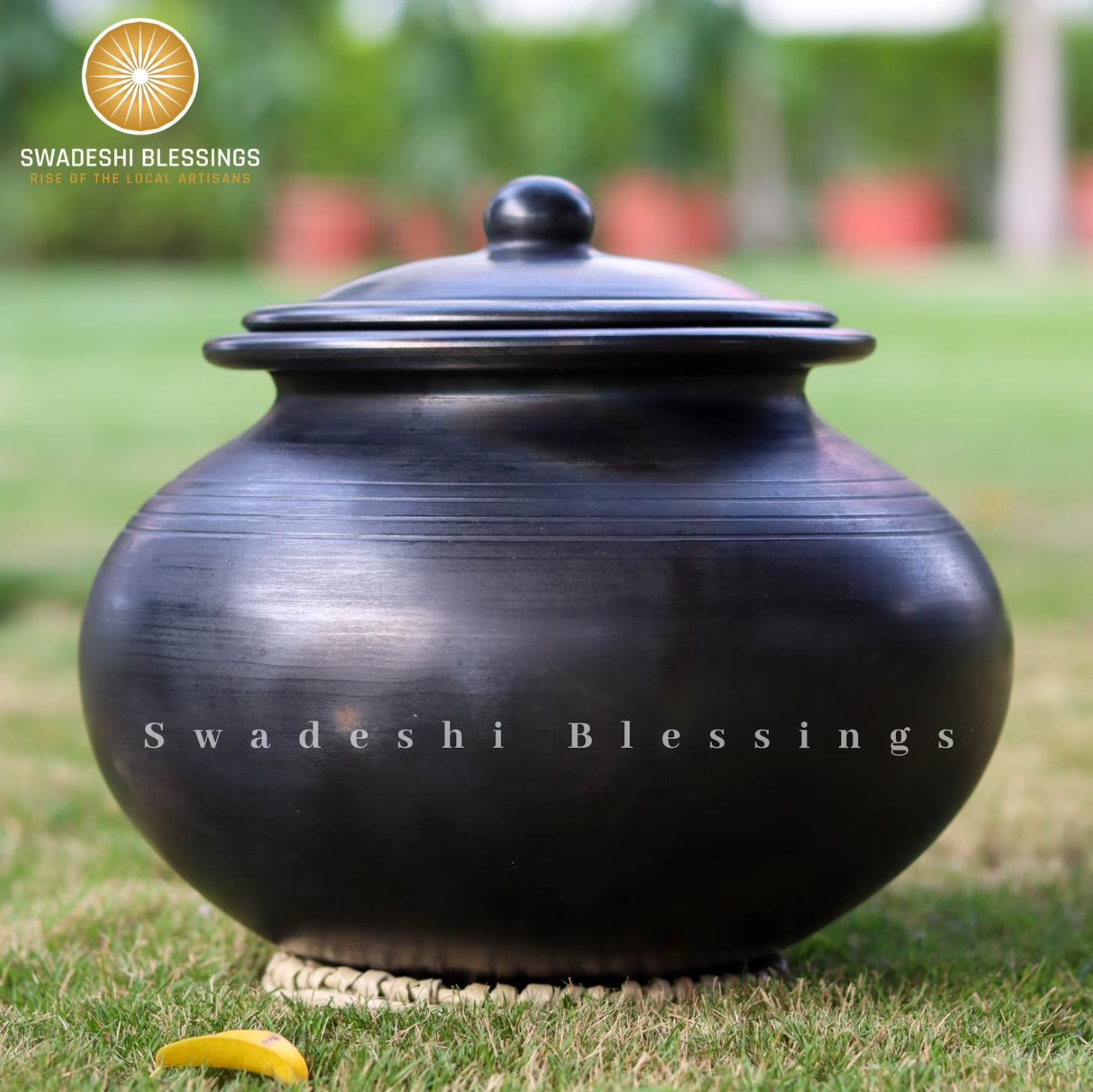 Unglazed Clay Pot for Cooking | Black Clay Biryani Handi | Earthen Kadhai | Terracota Handi | Clay Biryani Handi for Cooking &amp; Serving with Lid, 3L, Black | Includes Free Palm Leaf Stand and Ash for Cleaning Swadeshi Blessings