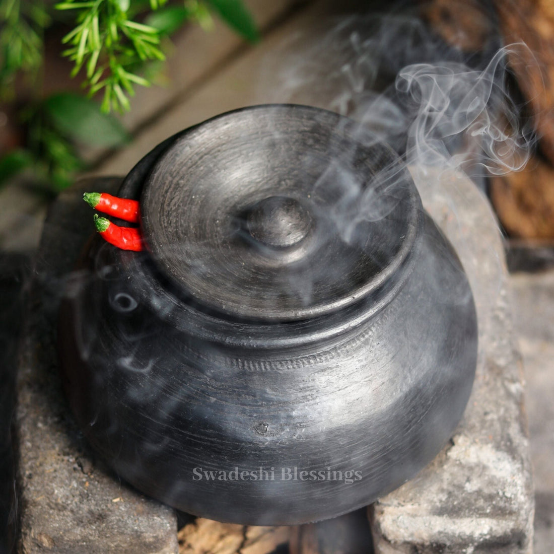 Unglazed Clay Pot for Cooking | Earthen Kadhai | Terracota Black Handi | Clay Handi for Serving with Lid, 1.5L &amp; 4.5L Combo, Black | Includes Free Palm Leaf Stand and Ash for Cleaning Swadeshi Blessings