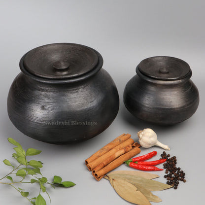 Unglazed Clay Pot for Cooking | Earthen Kadhai | Terracota Black Handi | Clay Handi for Serving with Lid, 1.5L &amp; 4.5L Combo, Black | Includes Free Palm Leaf Stand and Ash for Cleaning Swadeshi Blessings