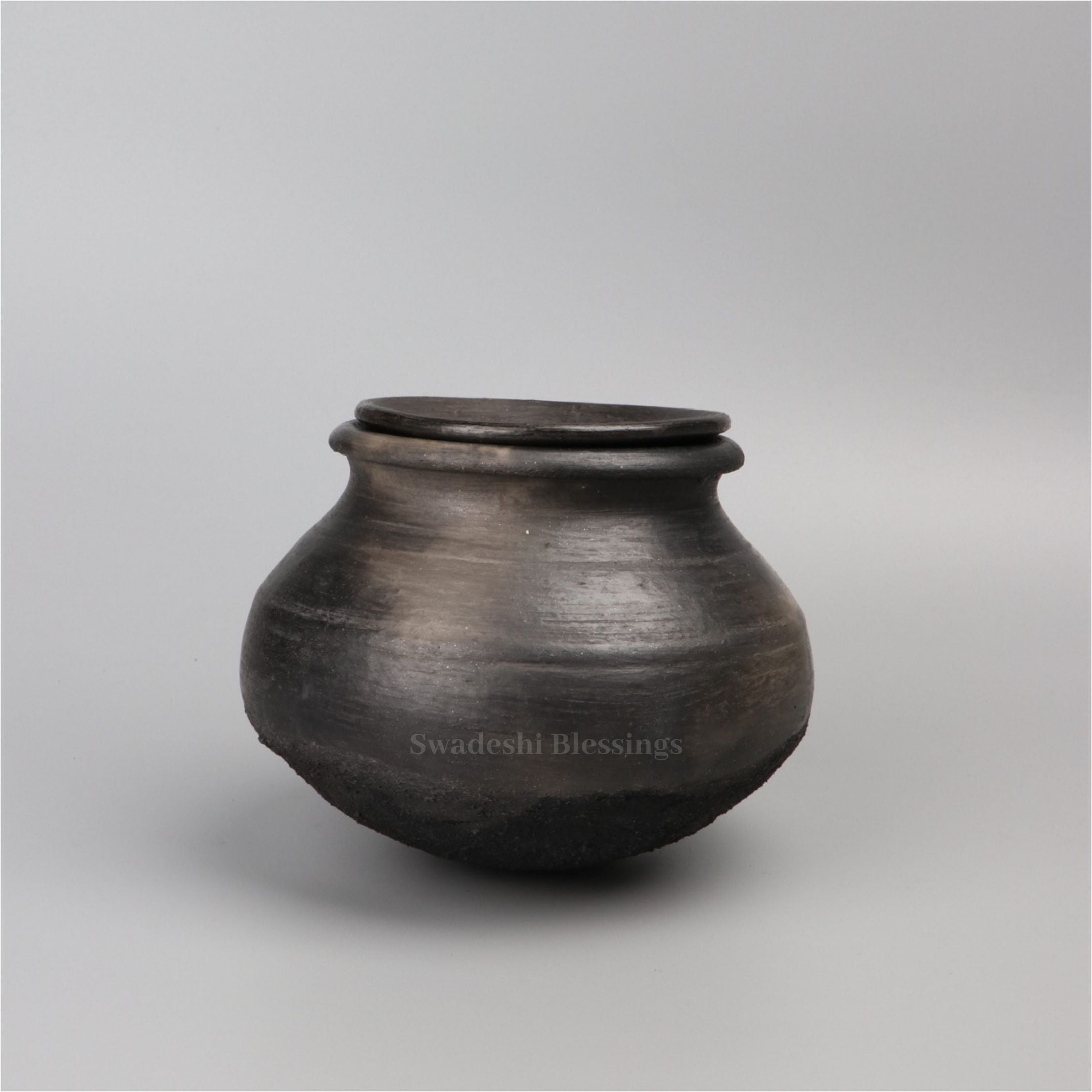 Unglazed Clay Pot for Cooking | Earthen Kadhai | Terracota Black Handi | Clay Handi for Serving with Lid, 1.5L &amp; 4.5L Combo, Black | Includes Free Palm Leaf Stand and Ash for Cleaning Swadeshi Blessings