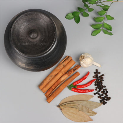 Unglazed Clay Pot for Cooking | Earthen Kadhai | Terracota Black Handi | Clay Handi for Serving with Lid, 1.5L &amp; 4.5L Combo, Black | Includes Free Palm Leaf Stand and Ash for Cleaning Swadeshi Blessings