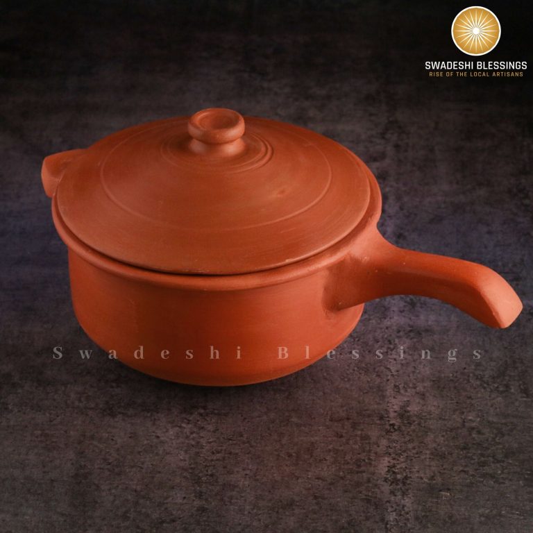 Premium Unglazed Clay Pot for Cooking | Earthen Kadhai | Kerela Handi | Clay Handi for Serving with Lid, 2.8L | Includes Free Palm Leaf Stand and Ash for Cleaning Swadeshi Blessings